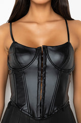 BE ABOUT IT SLEEVELESS FAUX LEATHER CORSET