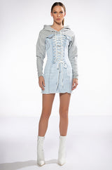 GINA LACE UP DENIM HOODED MINI DRESS