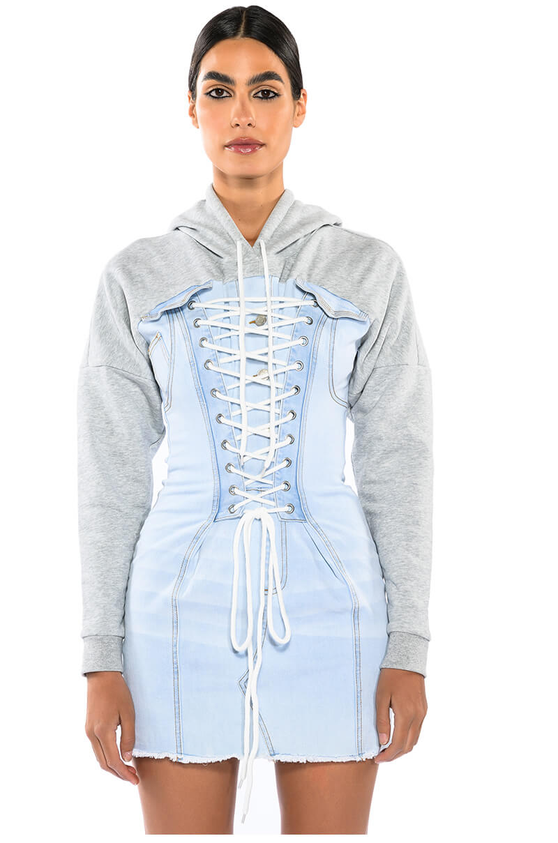 GINA LACE UP DENIM HOODED MINI DRESS