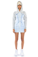 GINA LACE UP DENIM HOODED MINI DRESS