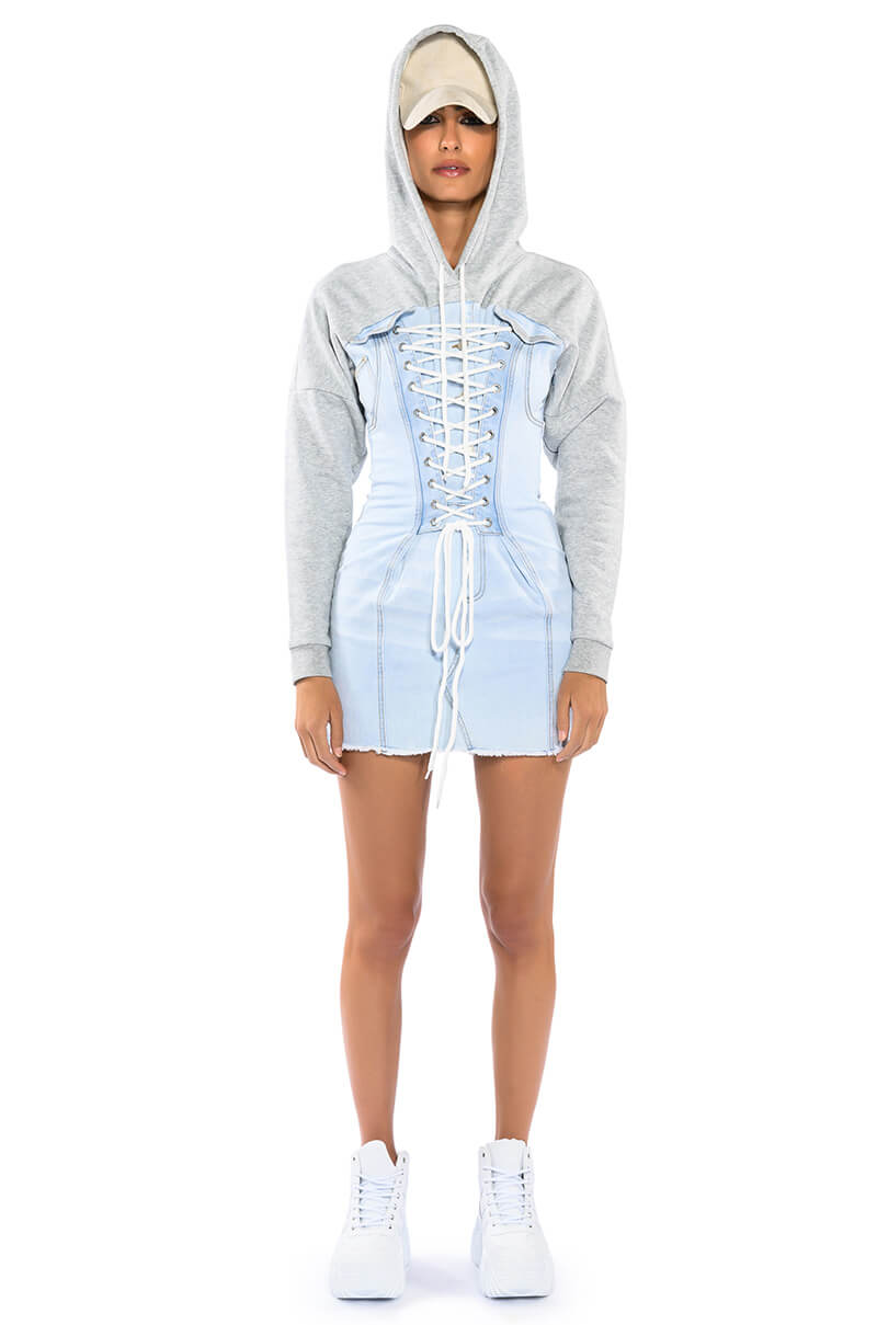 GINA LACE UP DENIM HOODED MINI DRESS