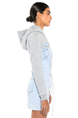 GINA LACE UP DENIM HOODED MINI DRESS