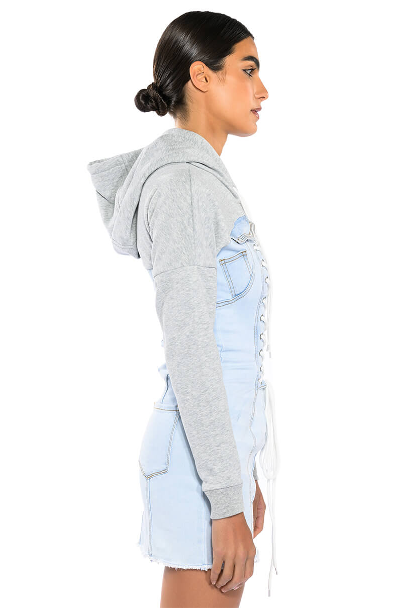 GINA LACE UP DENIM HOODED MINI DRESS