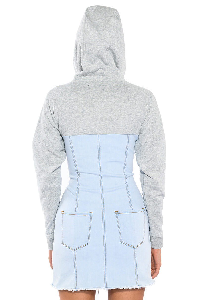 GINA LACE UP DENIM HOODED MINI DRESS