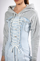 GINA LACE UP DENIM HOODED MINI DRESS