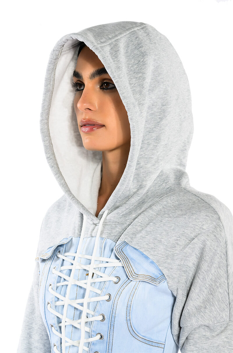 GINA LACE UP DENIM HOODED MINI DRESS