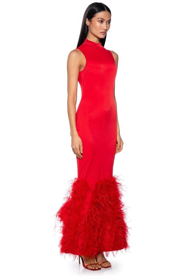 THE MOMENT MESH FEATHER MAXI DRESS