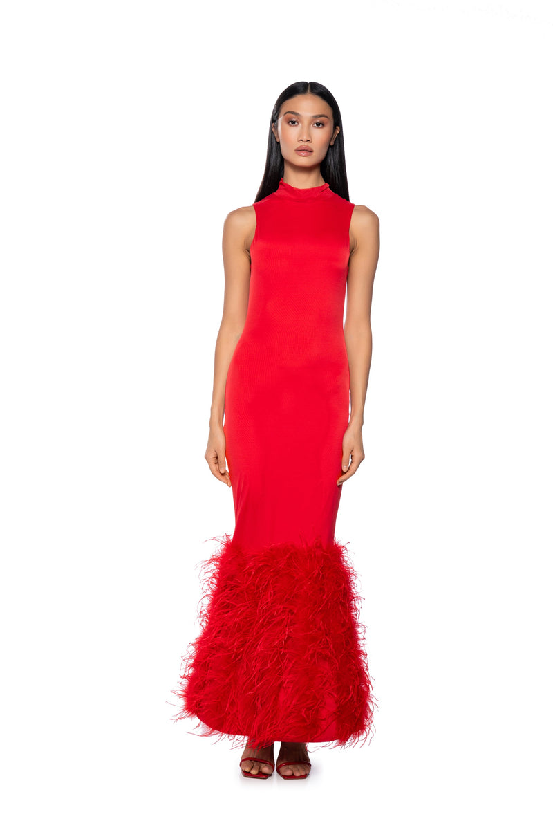 THE MOMENT MESH FEATHER MAXI DRESS