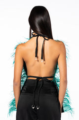 THE ONE FEATHER TRIMMED OPEN BACK BLOUSE