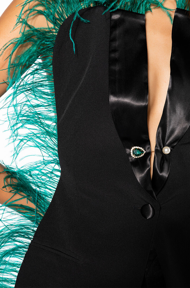 THE ONE FEATHER TRIMMED OPEN BACK BLOUSE