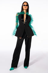 THE ONE FEATHER TRIMMED OPEN BACK BLOUSE