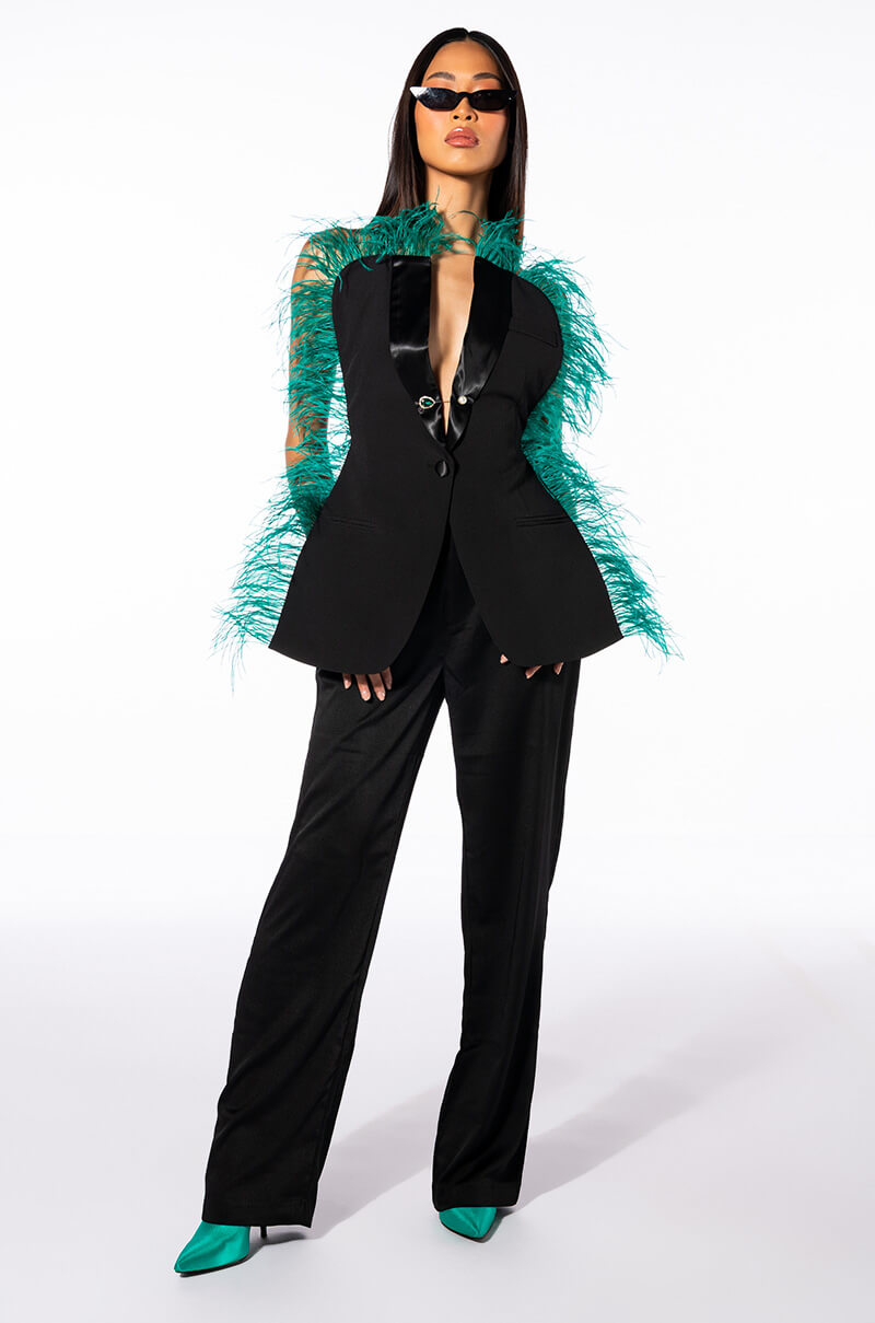THE ONE FEATHER TRIMMED OPEN BACK BLOUSE