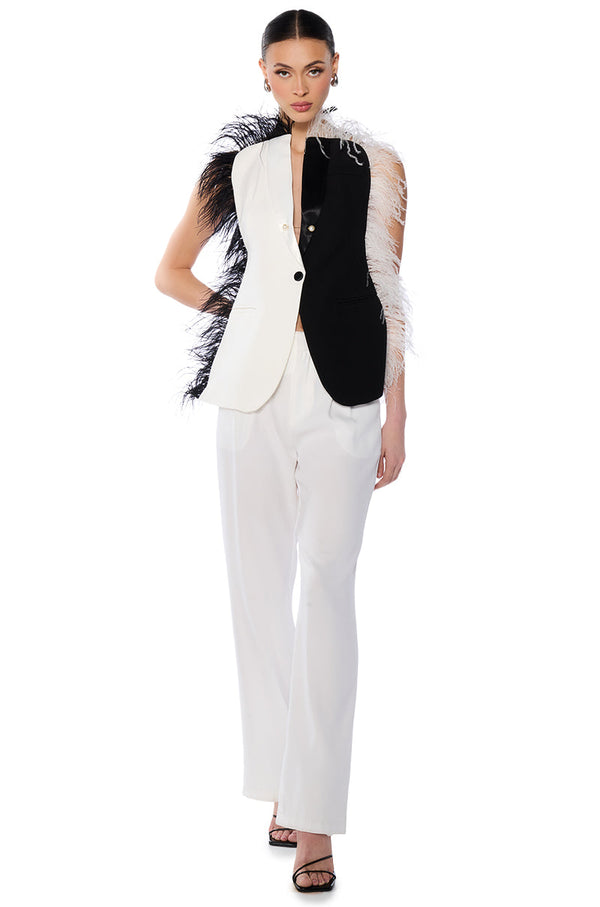 THE ONE FEATHER TRIMMED OPEN BACK BLOUSE
