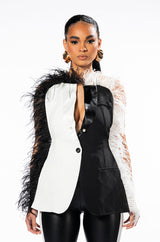 THE ONE FEATHER TRIMMED OPEN BACK BLOUSE