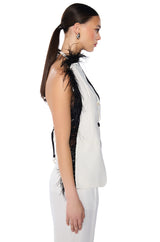 THE ONE FEATHER TRIMMED OPEN BACK BLOUSE
