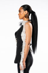 THE ONE FEATHER TRIMMED OPEN BACK BLOUSE