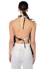 THE ONE FEATHER TRIMMED OPEN BACK BLOUSE