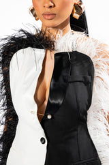 THE ONE FEATHER TRIMMED OPEN BACK BLOUSE