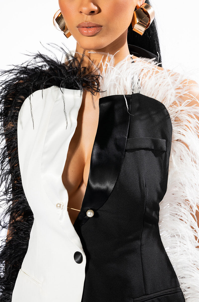 THE ONE FEATHER TRIMMED OPEN BACK BLOUSE