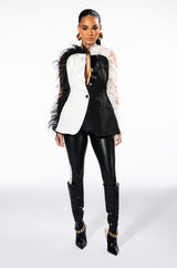 THE ONE FEATHER TRIMMED OPEN BACK BLOUSE