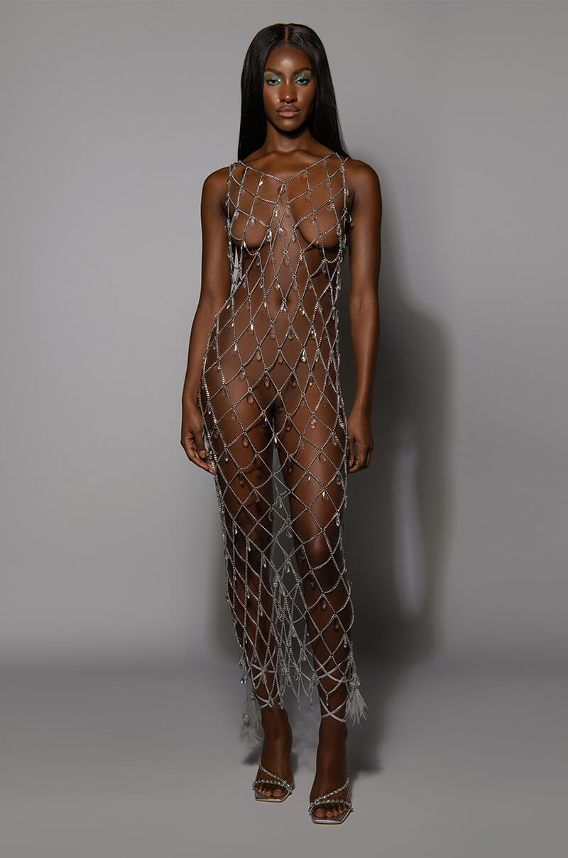 THE RUMORS ARE TRUE RHINESTONE CHAIN MIDI DRESS
