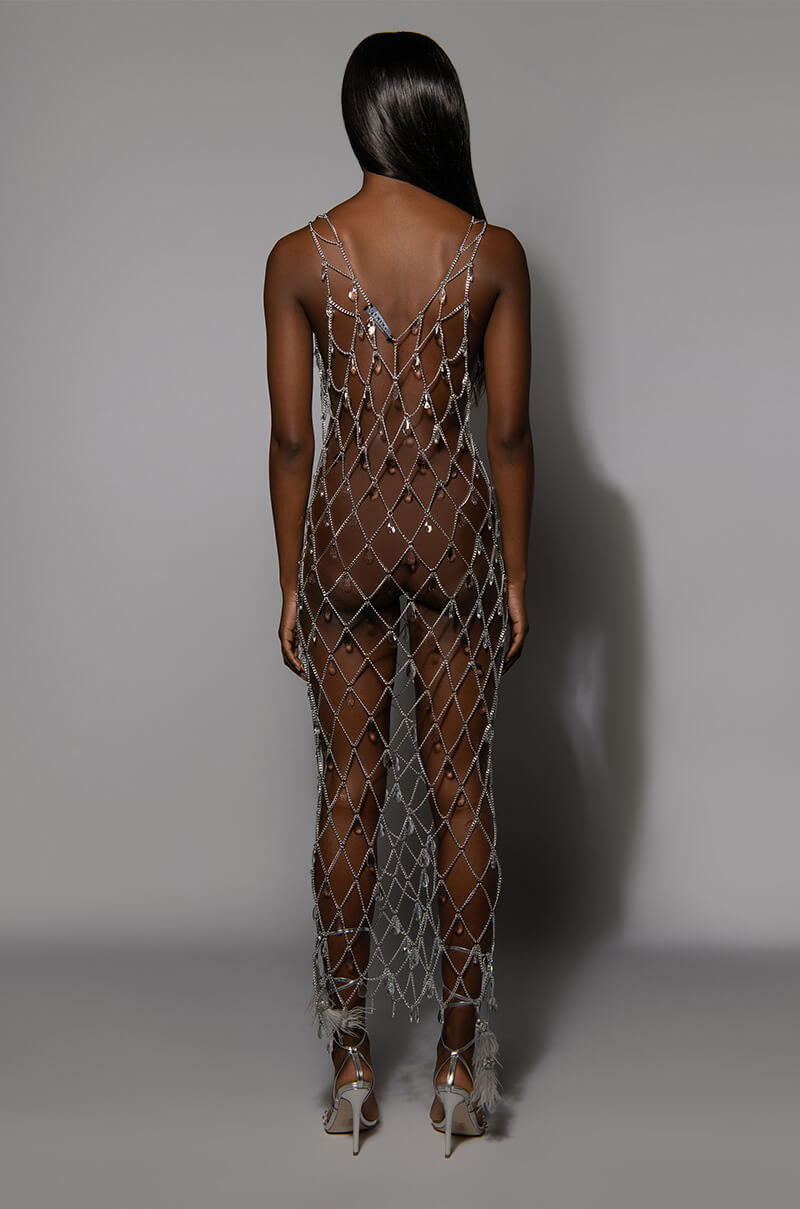 THE RUMORS ARE TRUE RHINESTONE CHAIN MIDI DRESS