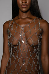 THE RUMORS ARE TRUE RHINESTONE CHAIN MIDI DRESS