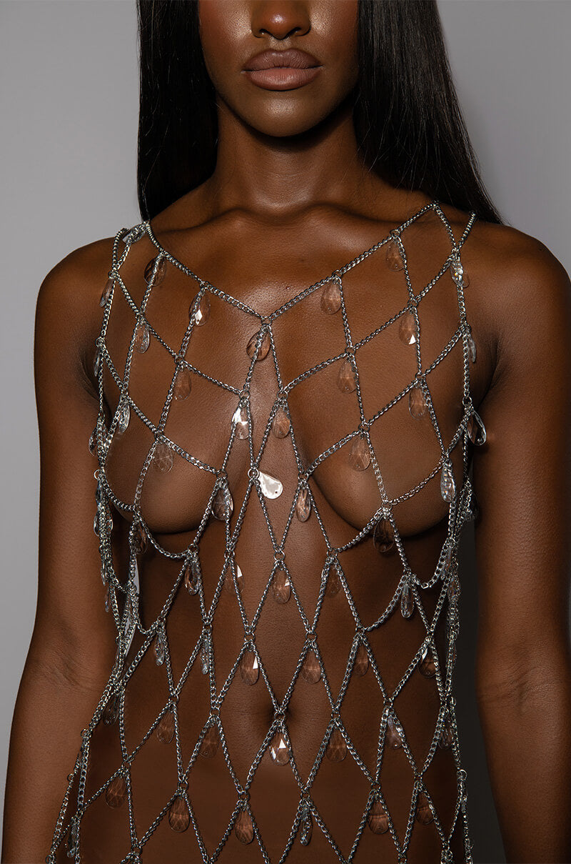 THE RUMORS ARE TRUE RHINESTONE CHAIN MIDI DRESS