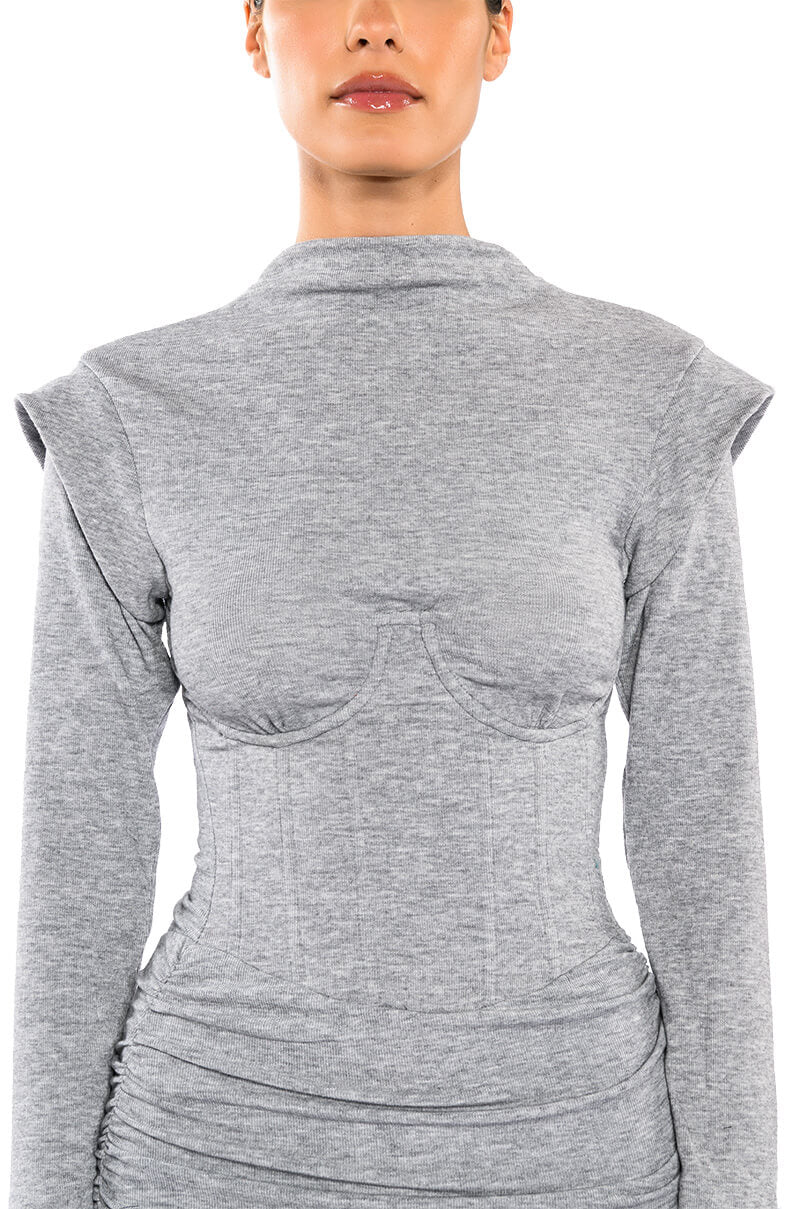 THEA CORSETED KNIT LONG SLEEVE MINI DRESS