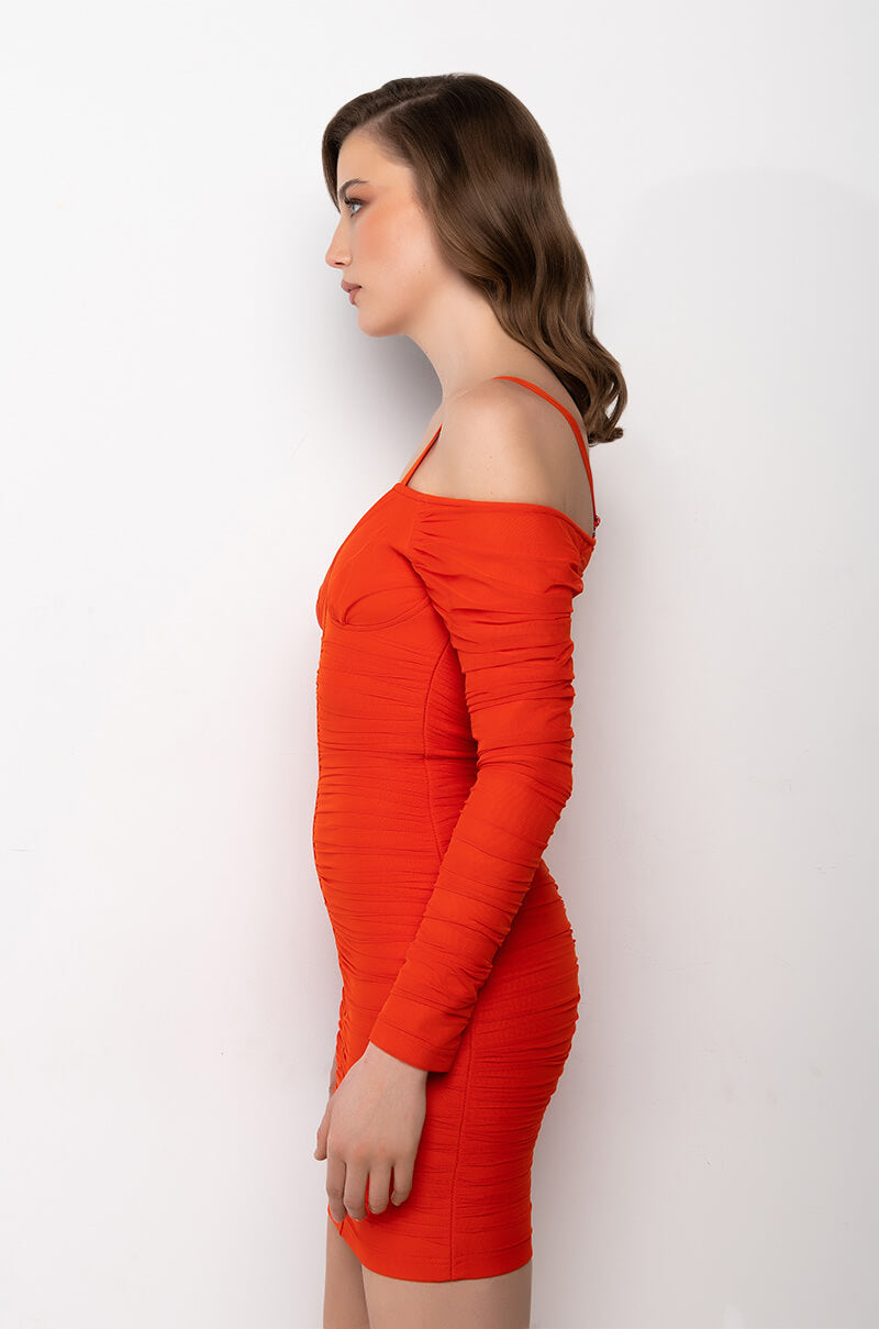 THINKING ABOUT YA OFF THE SHOULDER MINI RUCHED DRESS