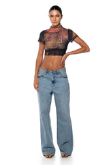TIA LETTUCE HEM PRINTED MESH TEE