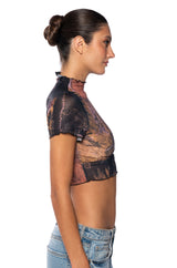 TIA LETTUCE HEM PRINTED MESH TEE