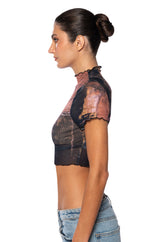 TIA LETTUCE HEM PRINTED MESH TEE
