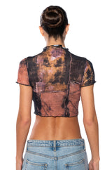 TIA LETTUCE HEM PRINTED MESH TEE