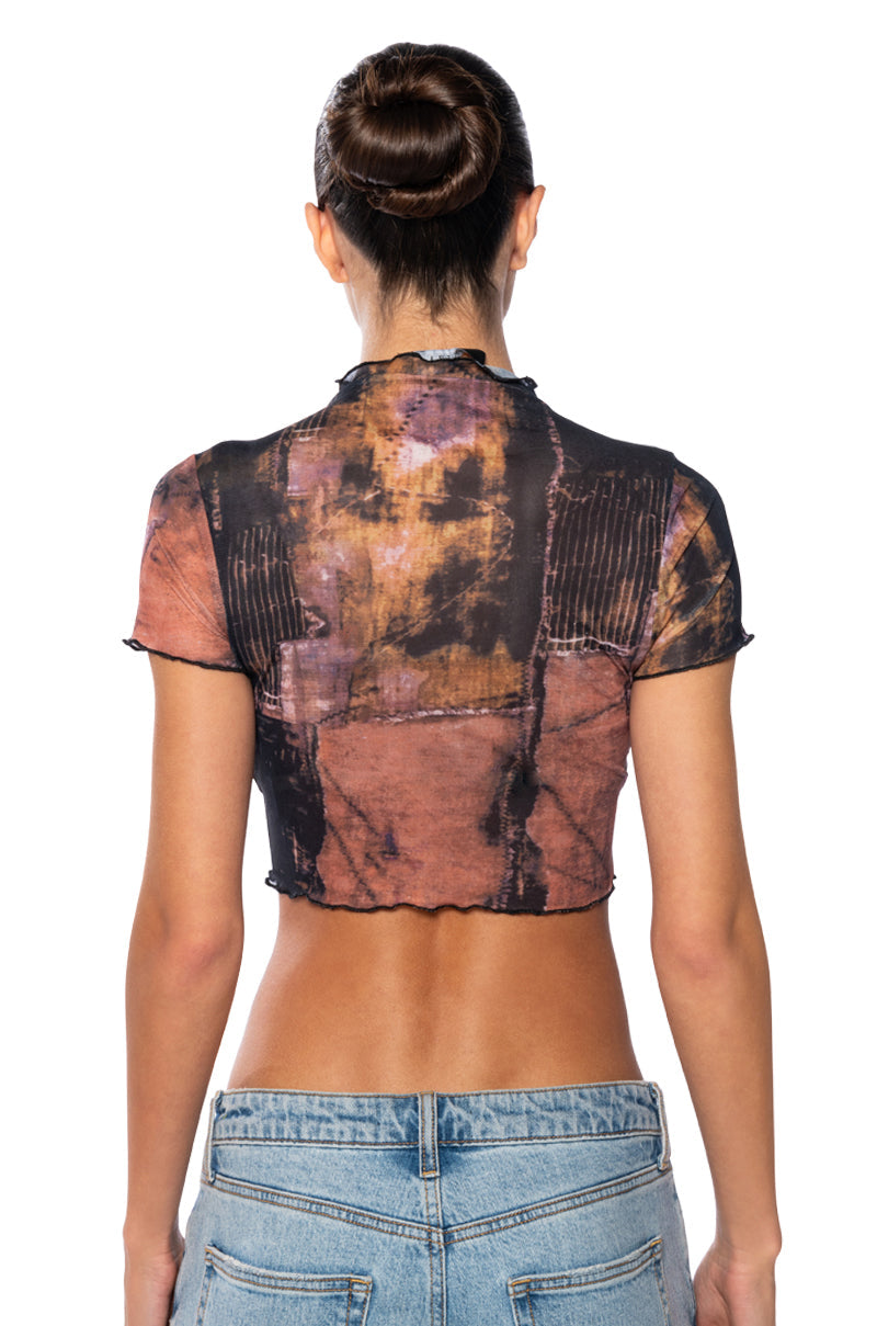 TIA LETTUCE HEM PRINTED MESH TEE