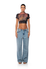 TIA LETTUCE HEM PRINTED MESH TEE