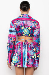 TIE BACK SCARF PRINT SHIRT DRESS