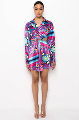 TIE BACK SCARF PRINT SHIRT DRESS