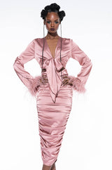 TIE FRONT REAL FEATHER SATIN MIDI DRESS