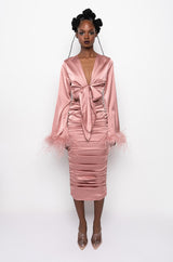 TIE FRONT REAL FEATHER SATIN MIDI DRESS