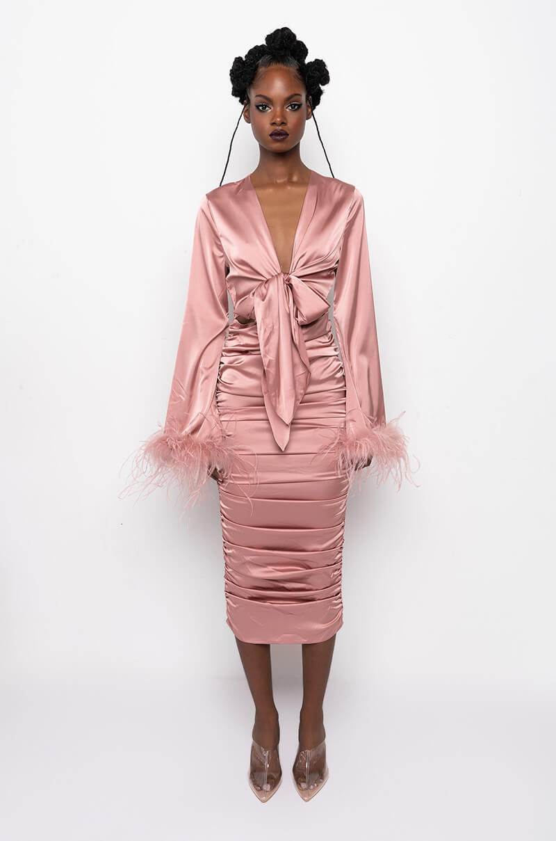 TIE FRONT REAL FEATHER SATIN MIDI DRESS