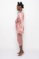 TIE FRONT REAL FEATHER SATIN MIDI DRESS