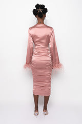 TIE FRONT REAL FEATHER SATIN MIDI DRESS