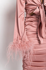 TIE FRONT REAL FEATHER SATIN MIDI DRESS