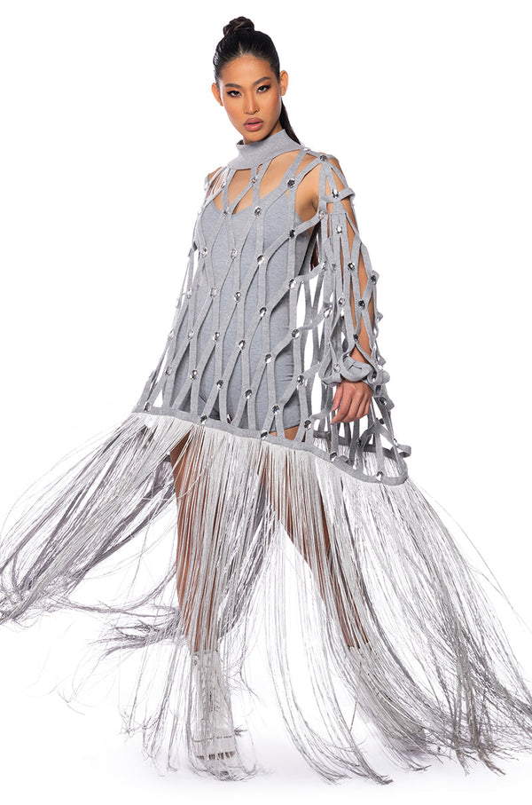 TIED UP FRINGE EMBELLISHED LONG SWEATER