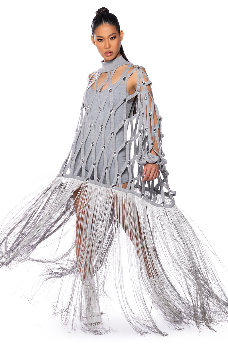 TIED UP FRINGE EMBELLISHED LONG SWEATER