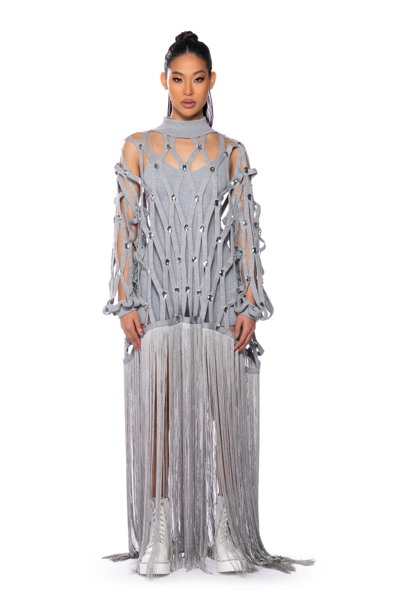 TIED UP FRINGE EMBELLISHED LONG SWEATER