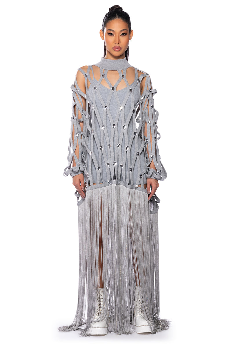 TIED UP FRINGE EMBELLISHED LONG SWEATER