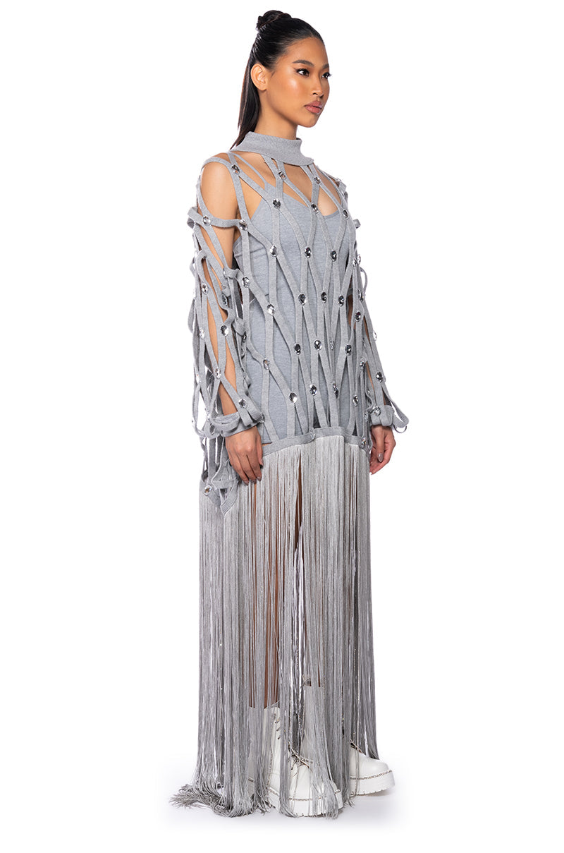 TIED UP FRINGE EMBELLISHED LONG SWEATER
