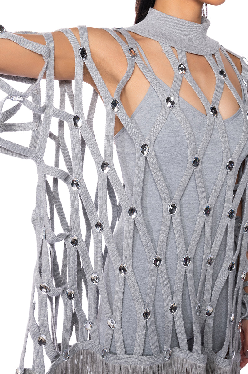 TIED UP FRINGE EMBELLISHED LONG SWEATER